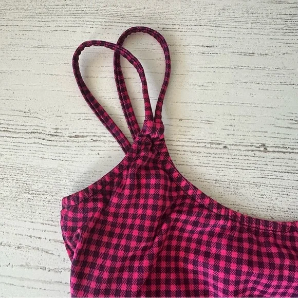 VINTAGE 80s Gingham High Cut Bow One Piece Swimsuit Dunkis of New York Hot Pink - Picture 3 of 14